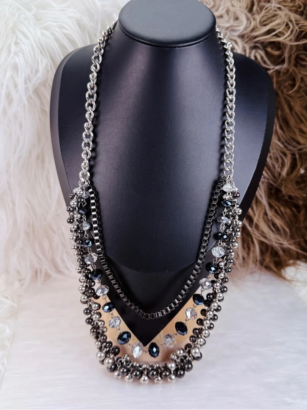 Beautiful, 3 strand, multi chain, black gunmetal beaded costume draping necklace
